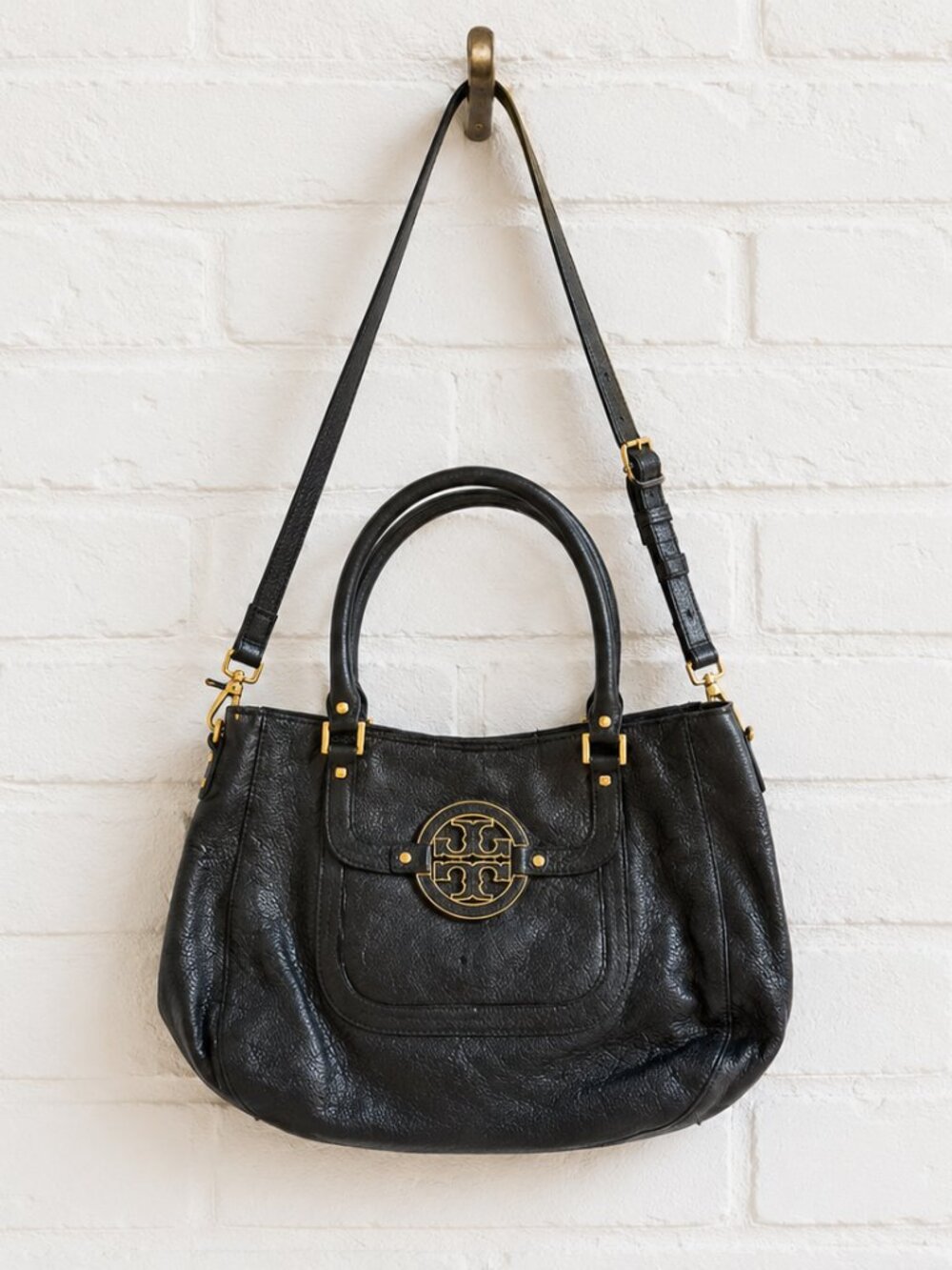 Tory Burch Amanda Black Pebbled Leather Satchel Tote Shoulder Bag